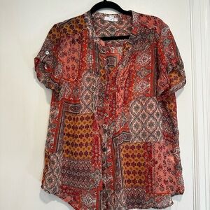 Women’s XL Westport Red Paisley Multiple Pattern Short Sleeve Peasant Blouse.